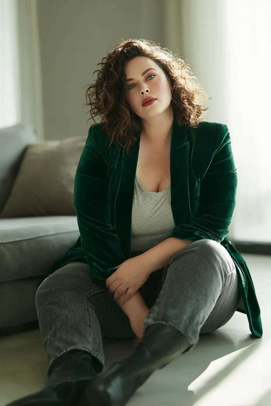 Emerald Velvet Blazer + Faded Denim