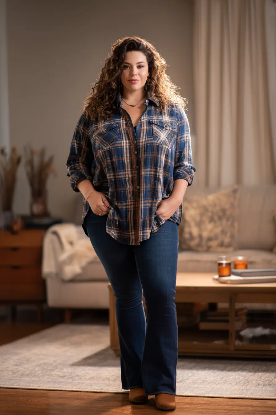Plaid Button-Down + Flared Denim