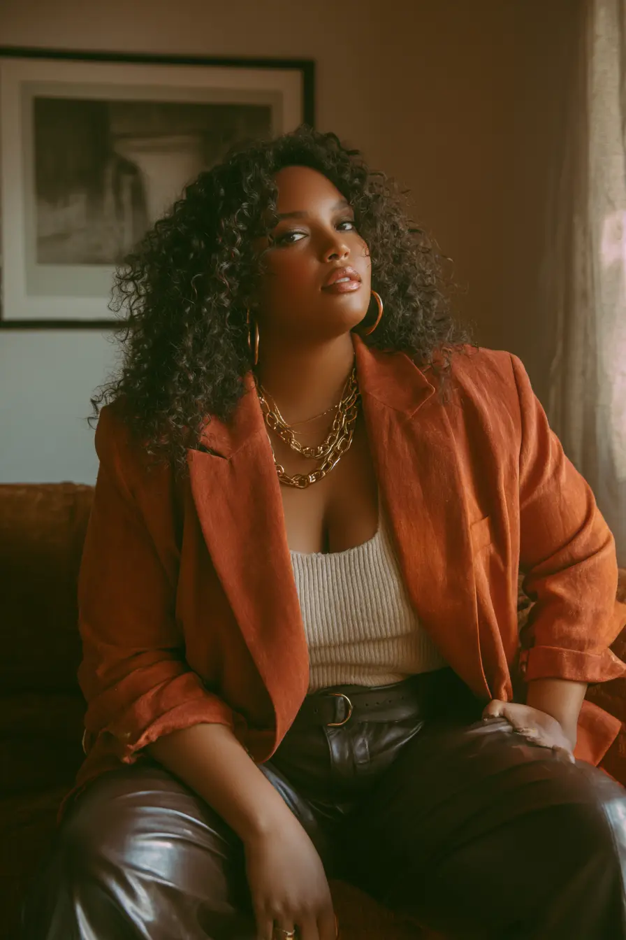 Rust Blazer + Ribbed Tank + Leather Pants