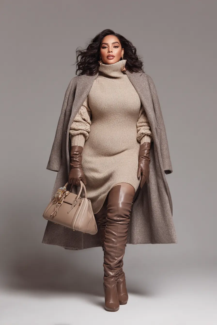 Knit Turtleneck Dress + Long Coat