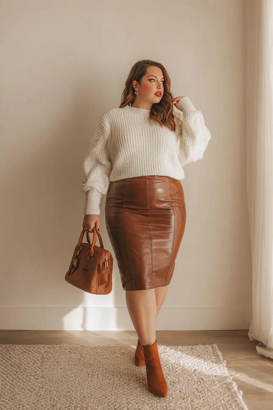 Chunky Knit Sweater + Leather Pencil Skirt