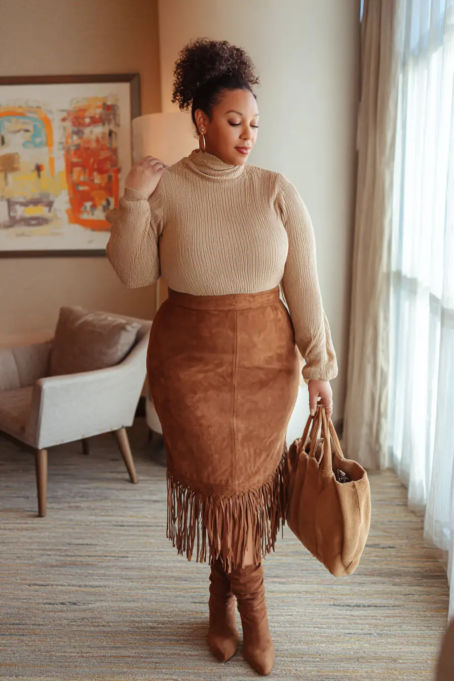 Fitted Turtleneck + Suede Fringe Skirt