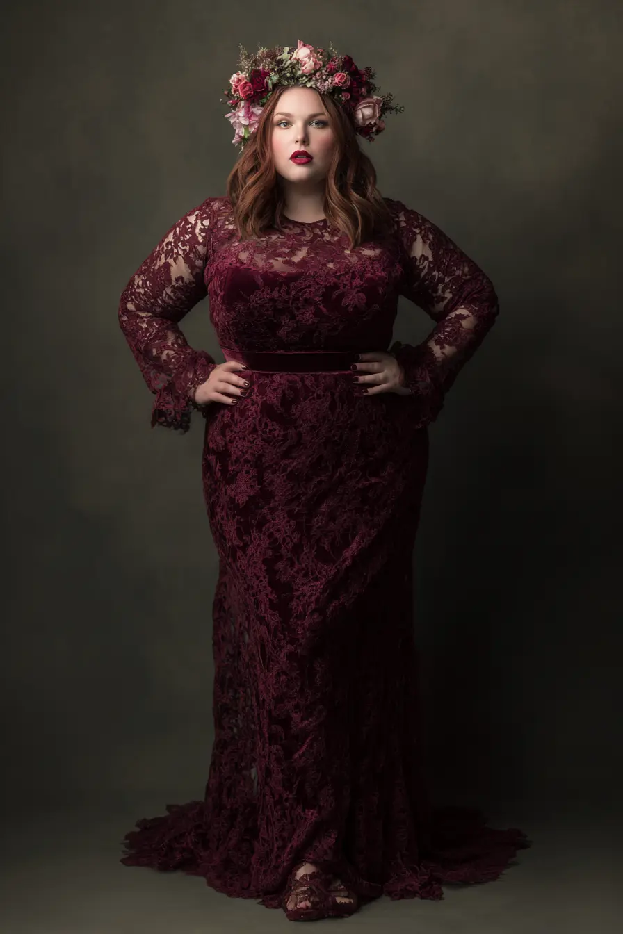 Burgundy Lace Gown + Velvet Waistband