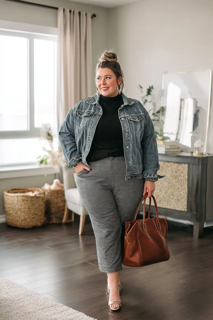 Cropped Denim Jacket + Patterned Trousers