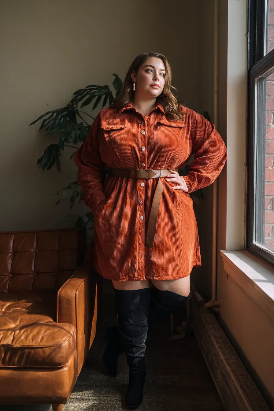Corduroy Shirt Dress + Over-the-Knee Boots