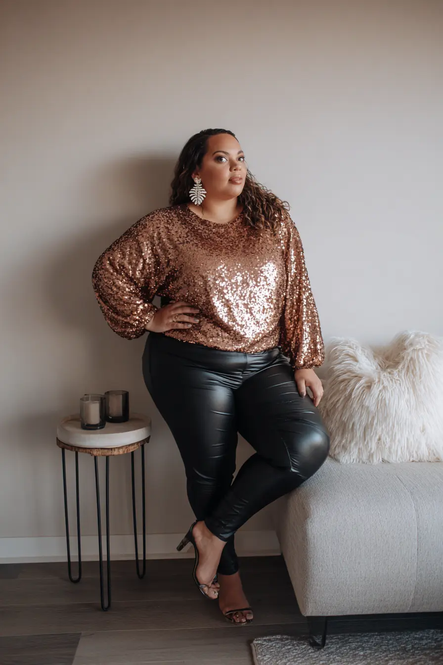 Sequin Top + Leather Leggings