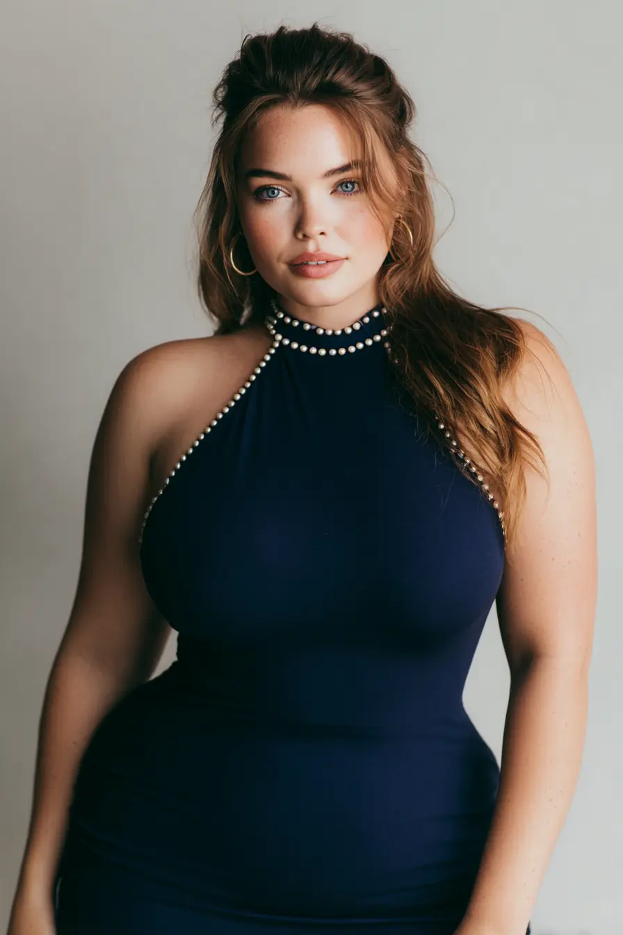 Pearl-Trimmed Halter Dress + Soft Waves