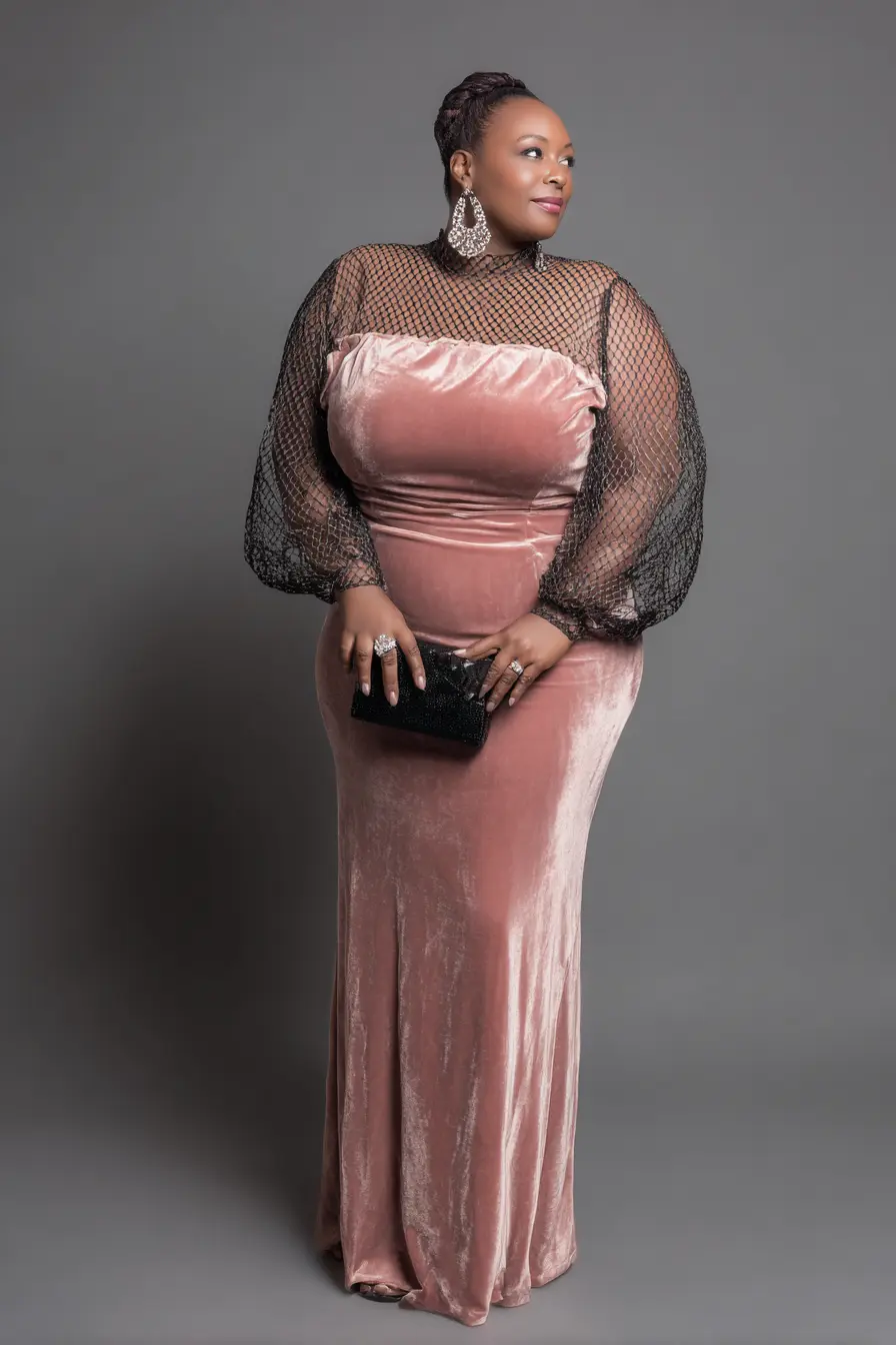 Velvet Column Gown + Mesh Sleeves