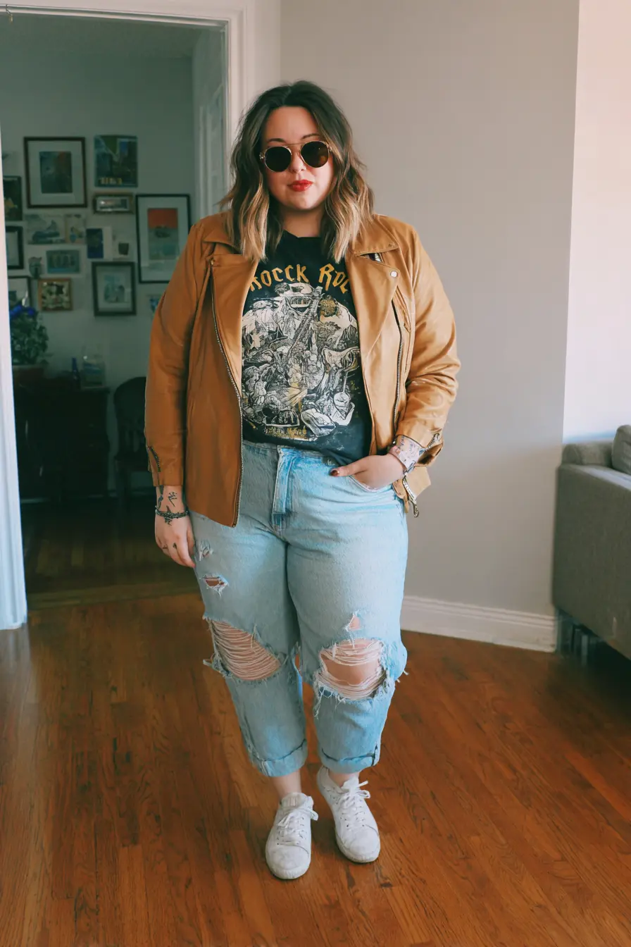 Tan Moto Jacket + Distressed Denim