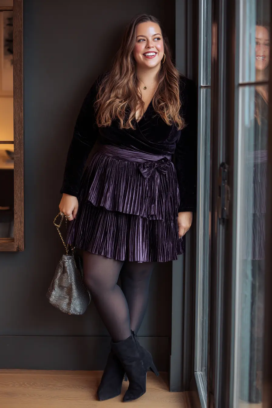 Velvet Wrap Top + Pleated Mini Skirt