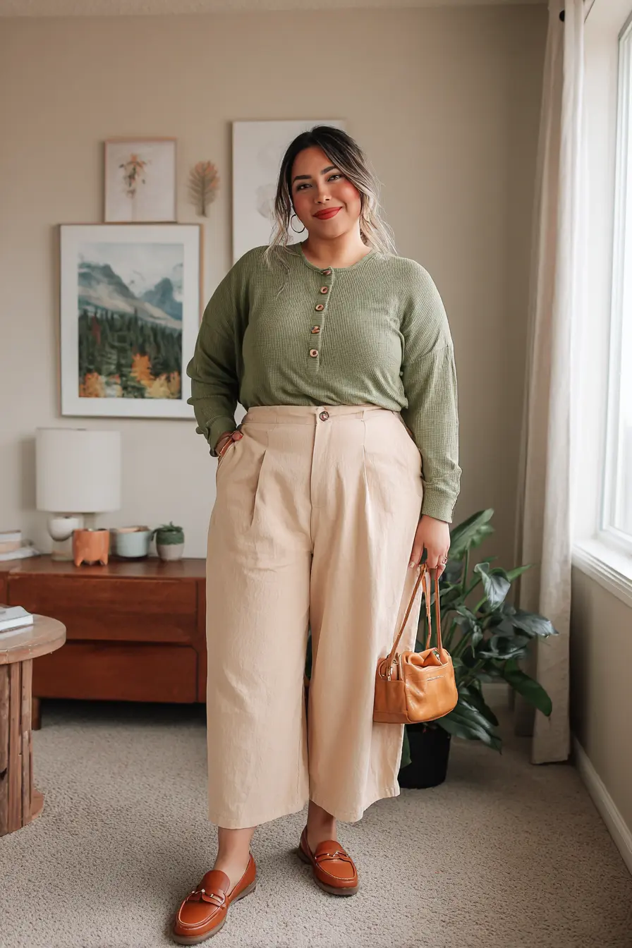 Olive Henley Top + Pleated Wide-Leg Pants
