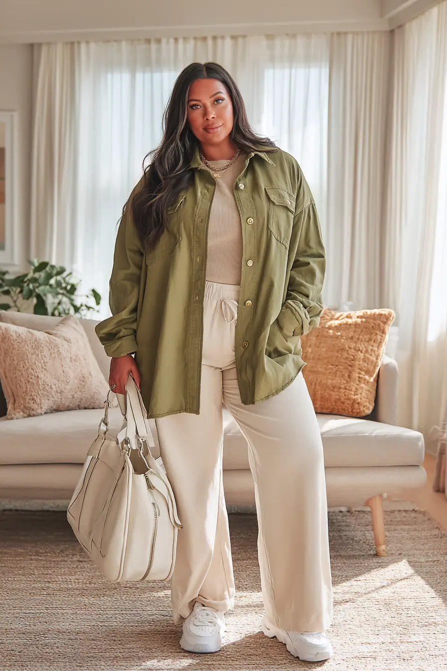 Olive Shirt Jacket + Wide-Leg Pants