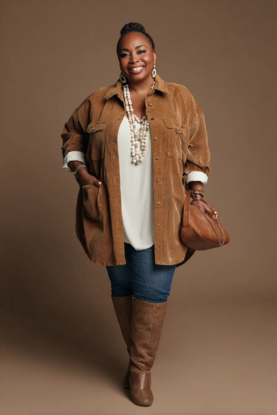 Corduroy Overshirt + Knee-High Boots