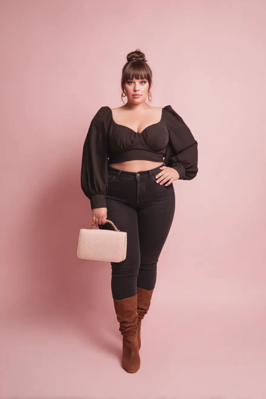 Puff-Sleeve Crop Top + High-Waist Jeans