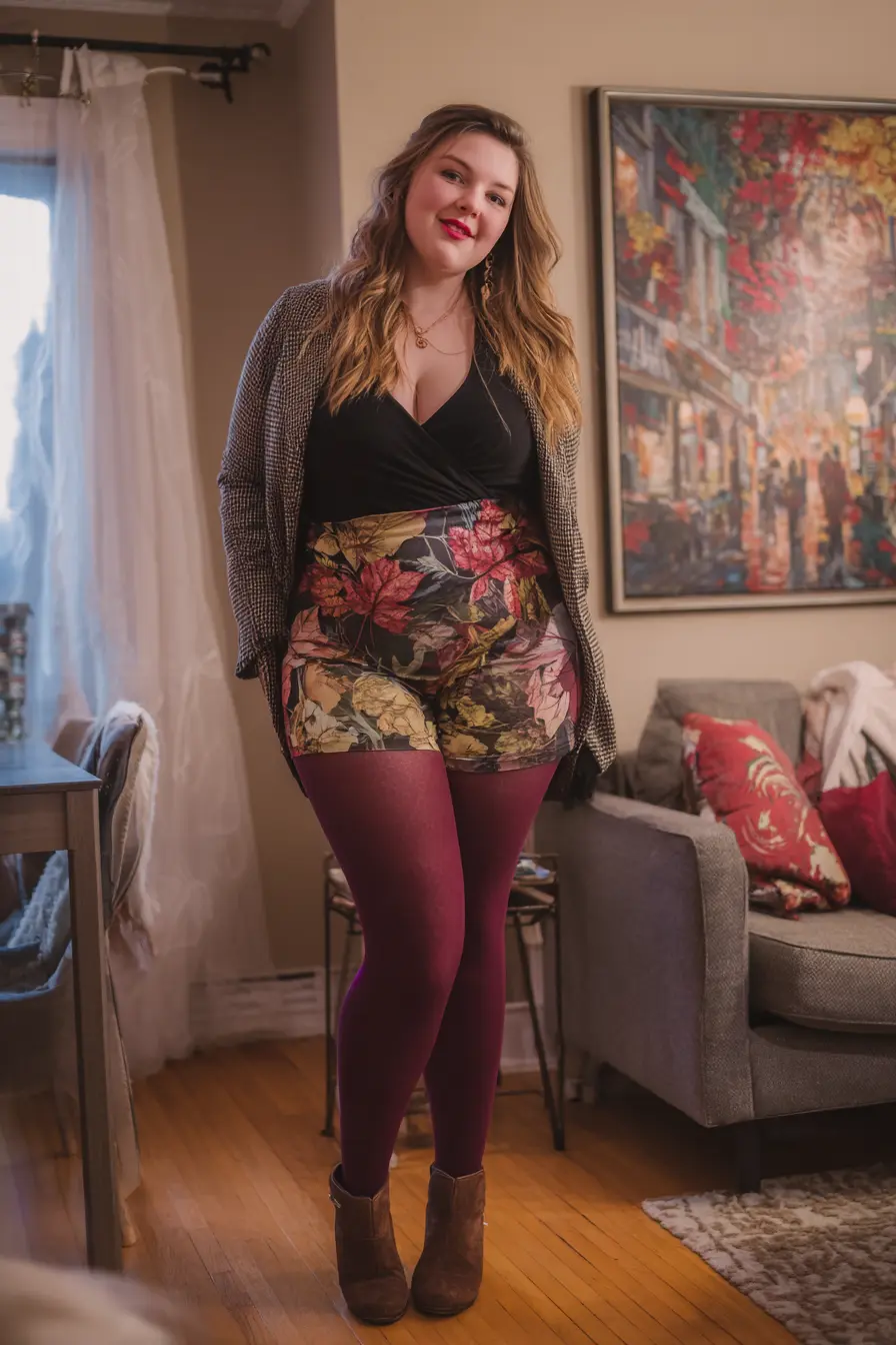 Patterned Skirt + Checked Blazer Layering