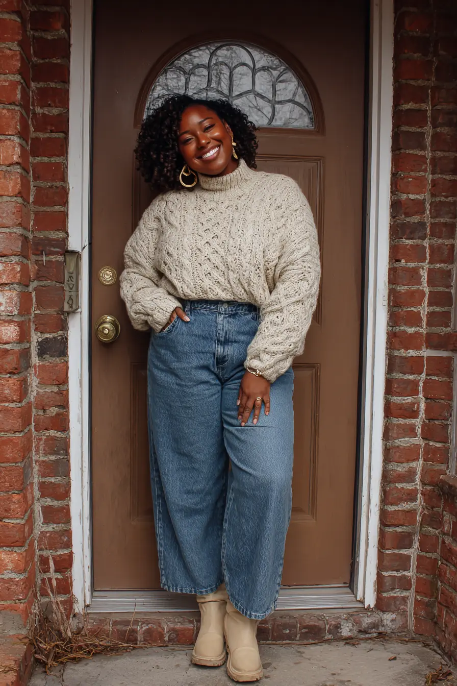 Chunky Cable Sweater + Wide-Leg Denim