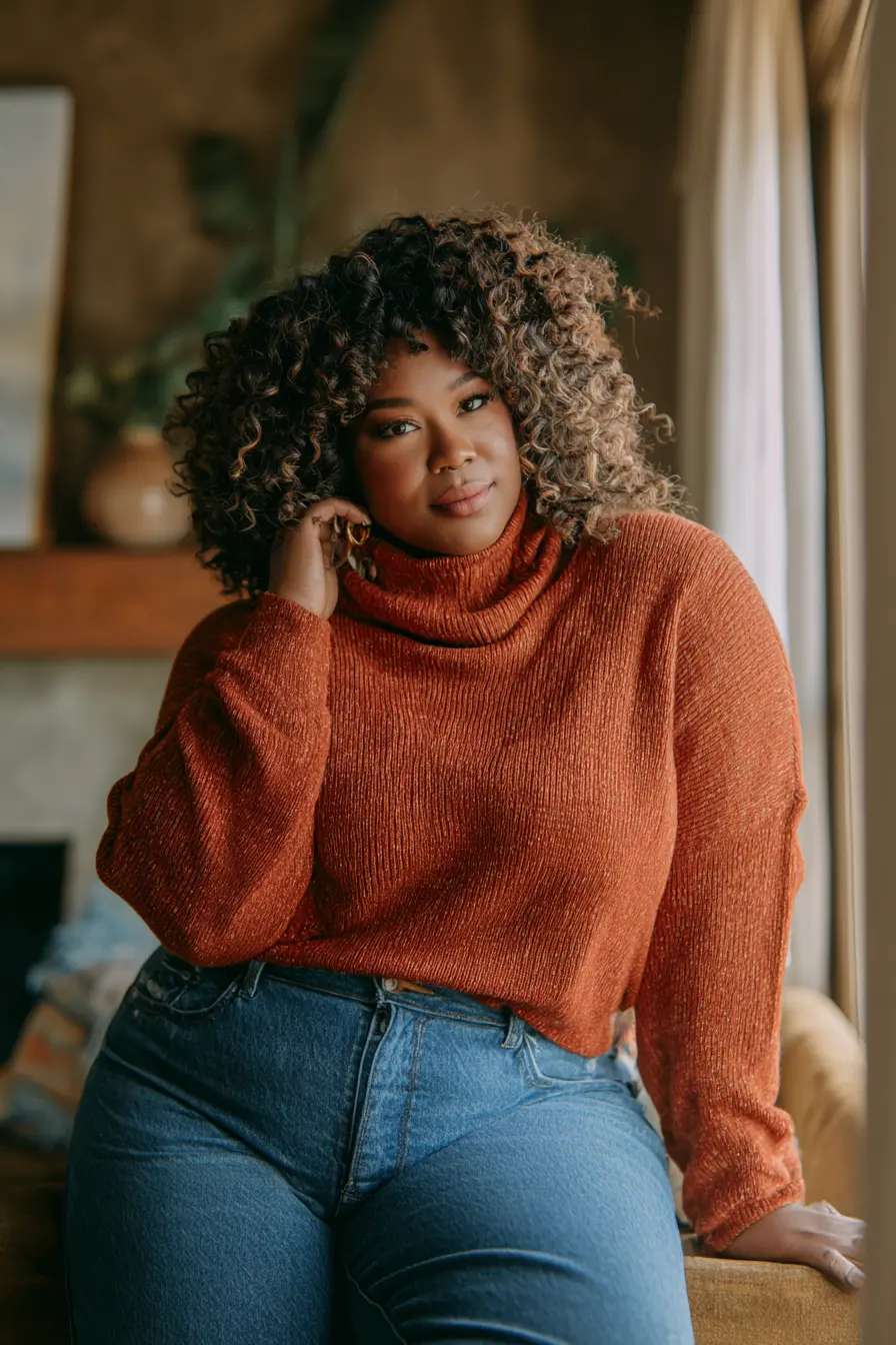 Rust Turtleneck + High-Rise Denim