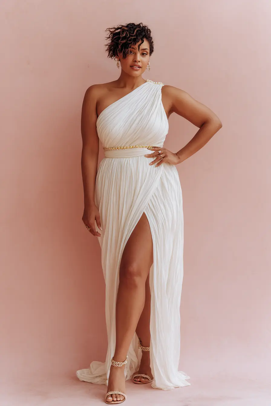 One-Shoulder Gauze Gown + Gold Belt