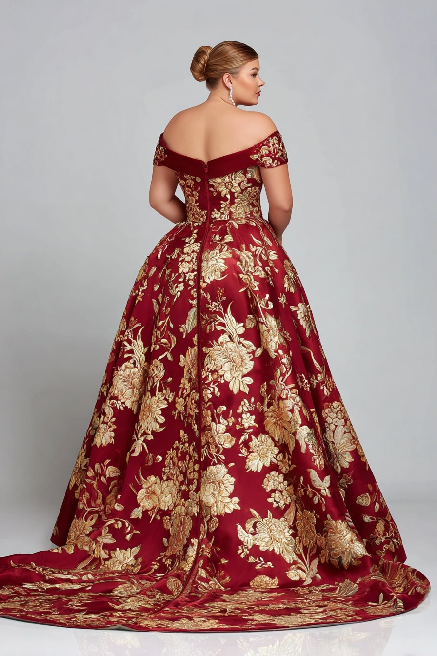 Off-Shoulder Ball Gown + Gold Floral Embroidery