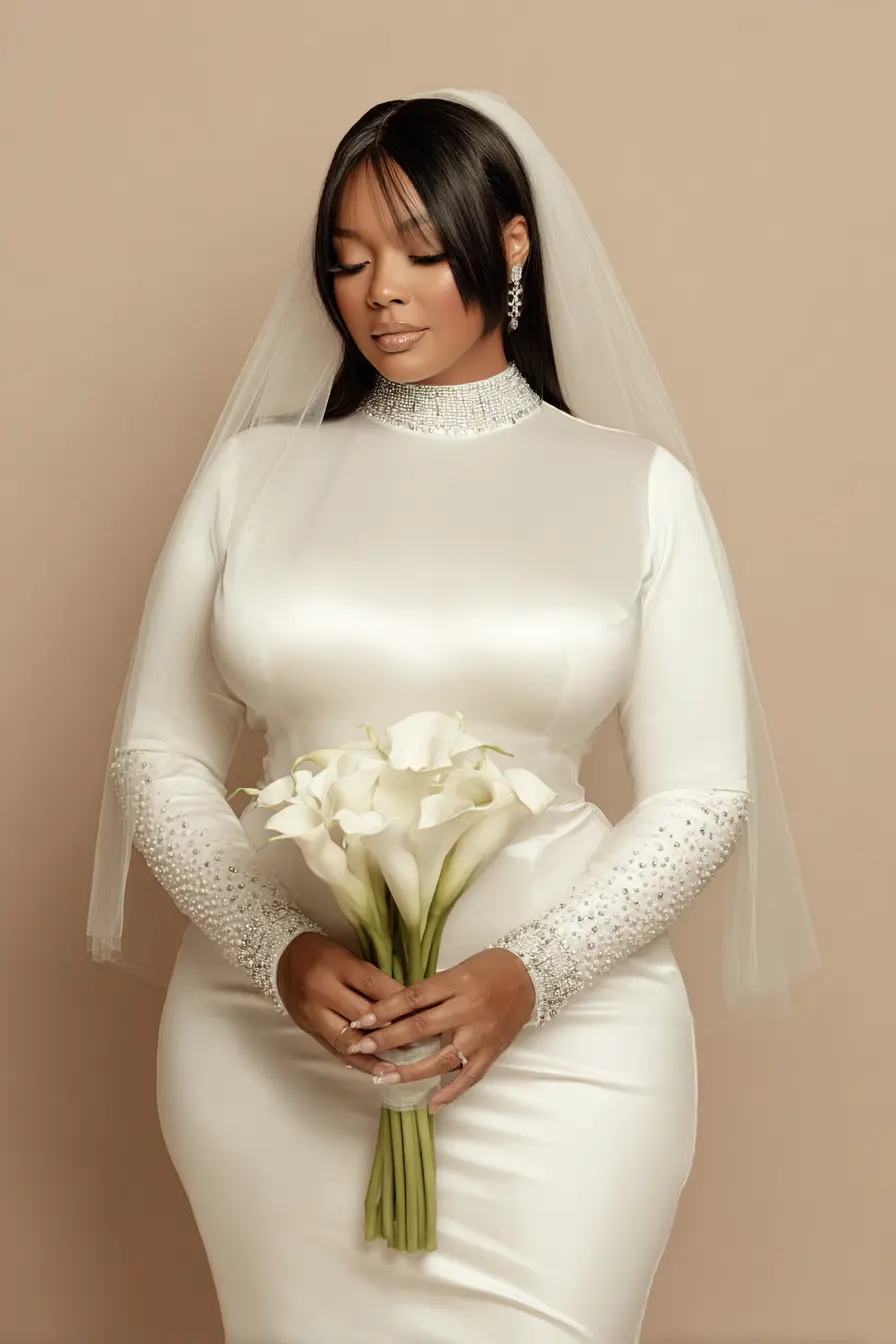 Embellished High-Neck Gown + Sleek Veil