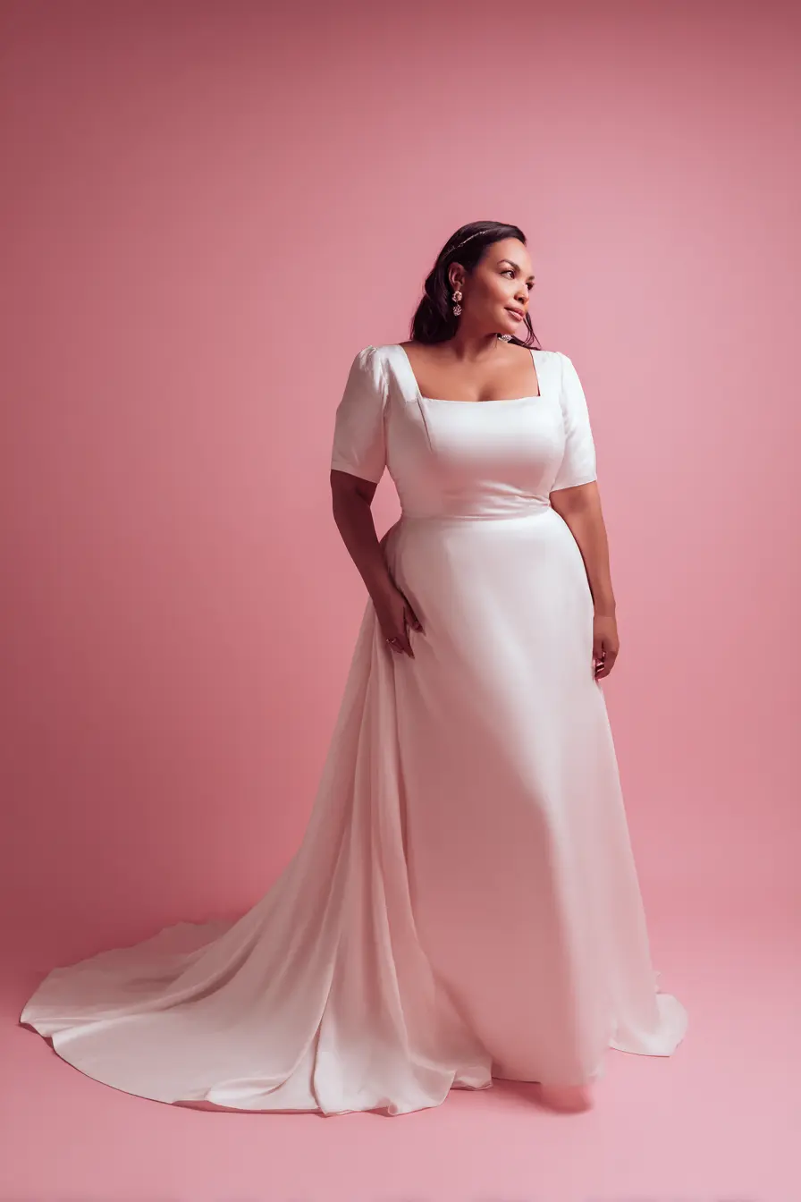 Satin Gown with Square Neckline + Clean Draped Train