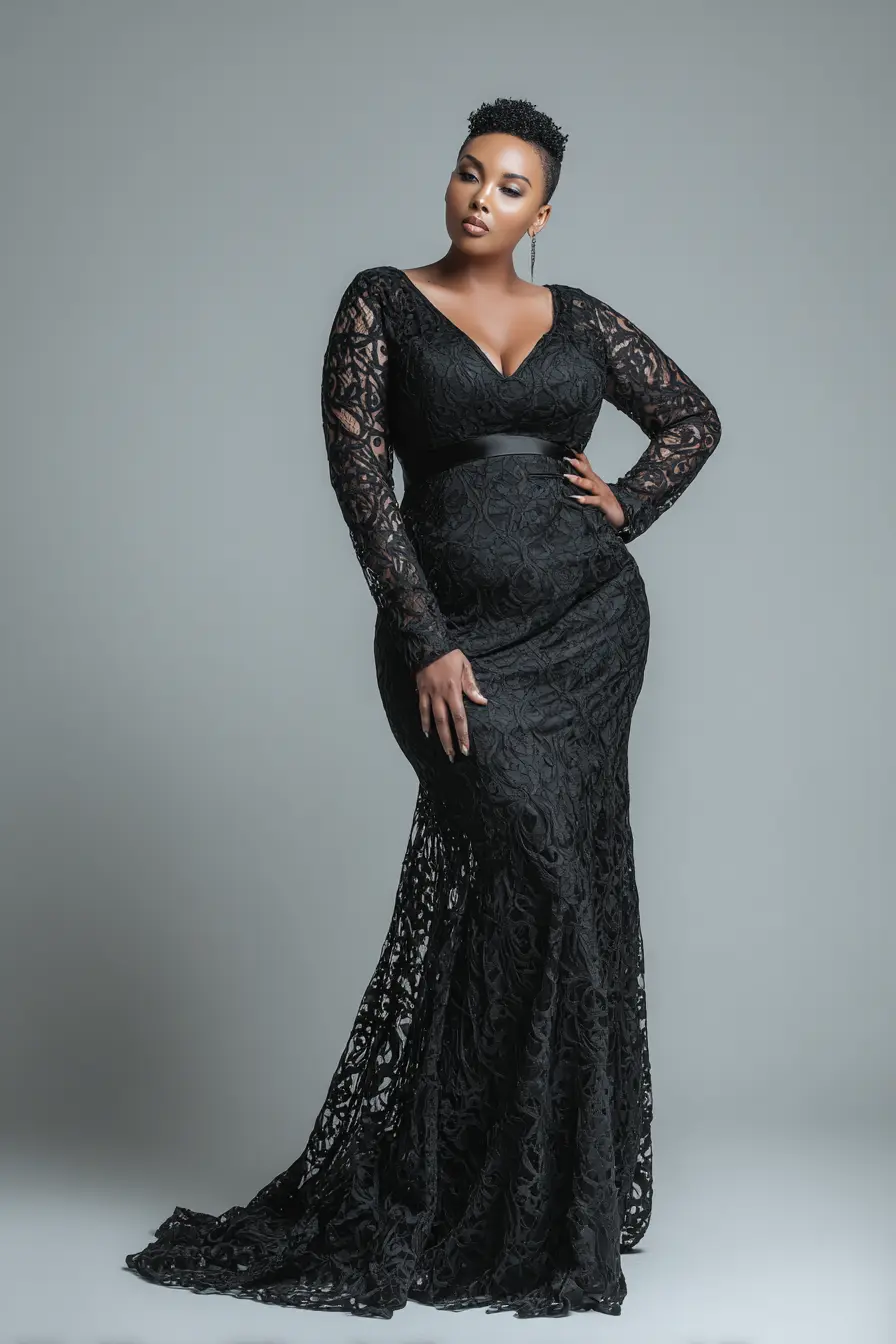 Lace Long Sleeve Gown + Defined Waist Detail