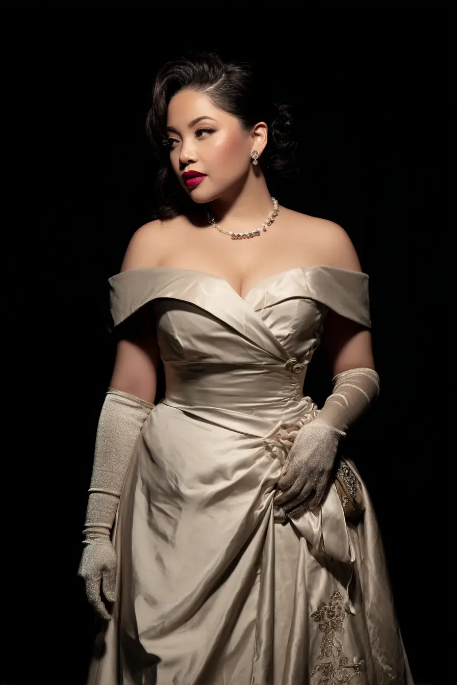 Satin Off-Shoulder Gown + Sculpted Bodice