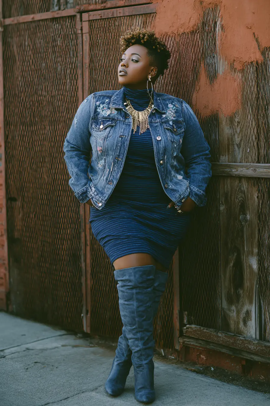 Cropped Denim Jacket + Bodycon Midi Dress