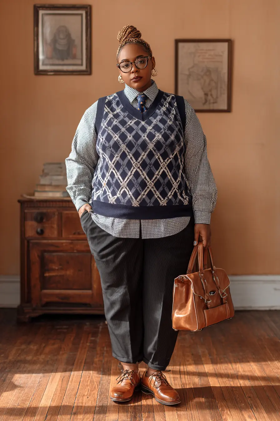 Argyle Sweater Vest + Checked Shirt + Tailored Trousers