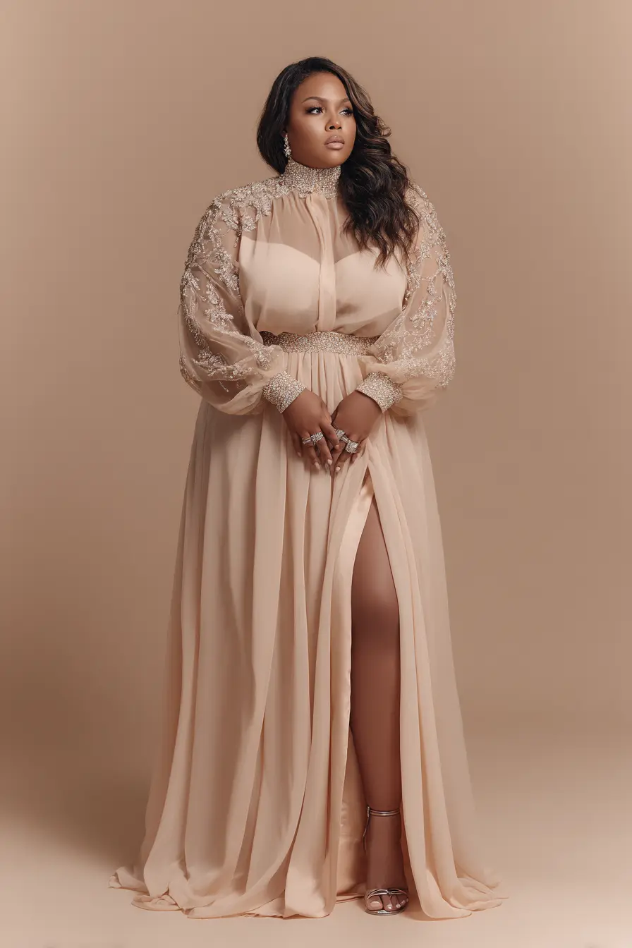 Embellished Chiffon Gown + High Neck Detail