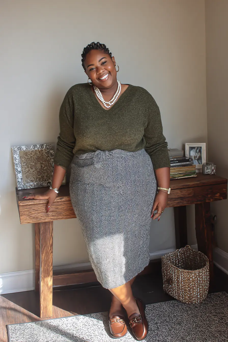 Olive Knit Sweater + Herringbone Midi Skirt