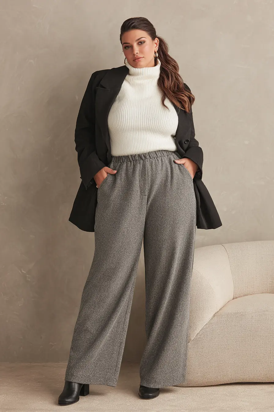 Ribbed Turtleneck + Gray Wide-Leg Trousers