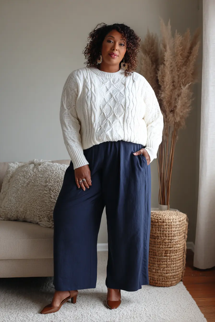 Cable Knit Sweater + Wide-Leg Trousers