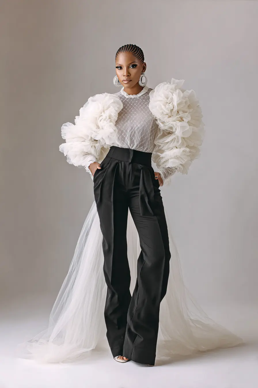 Sheer Ruffle Top + Tailored Wide-Leg Pants