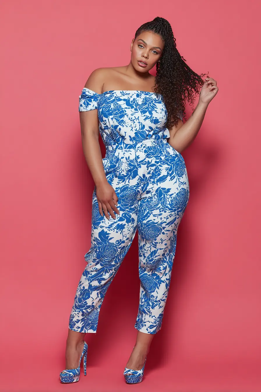 Off-Shoulder Floral Jumpsuit + Statement Heels