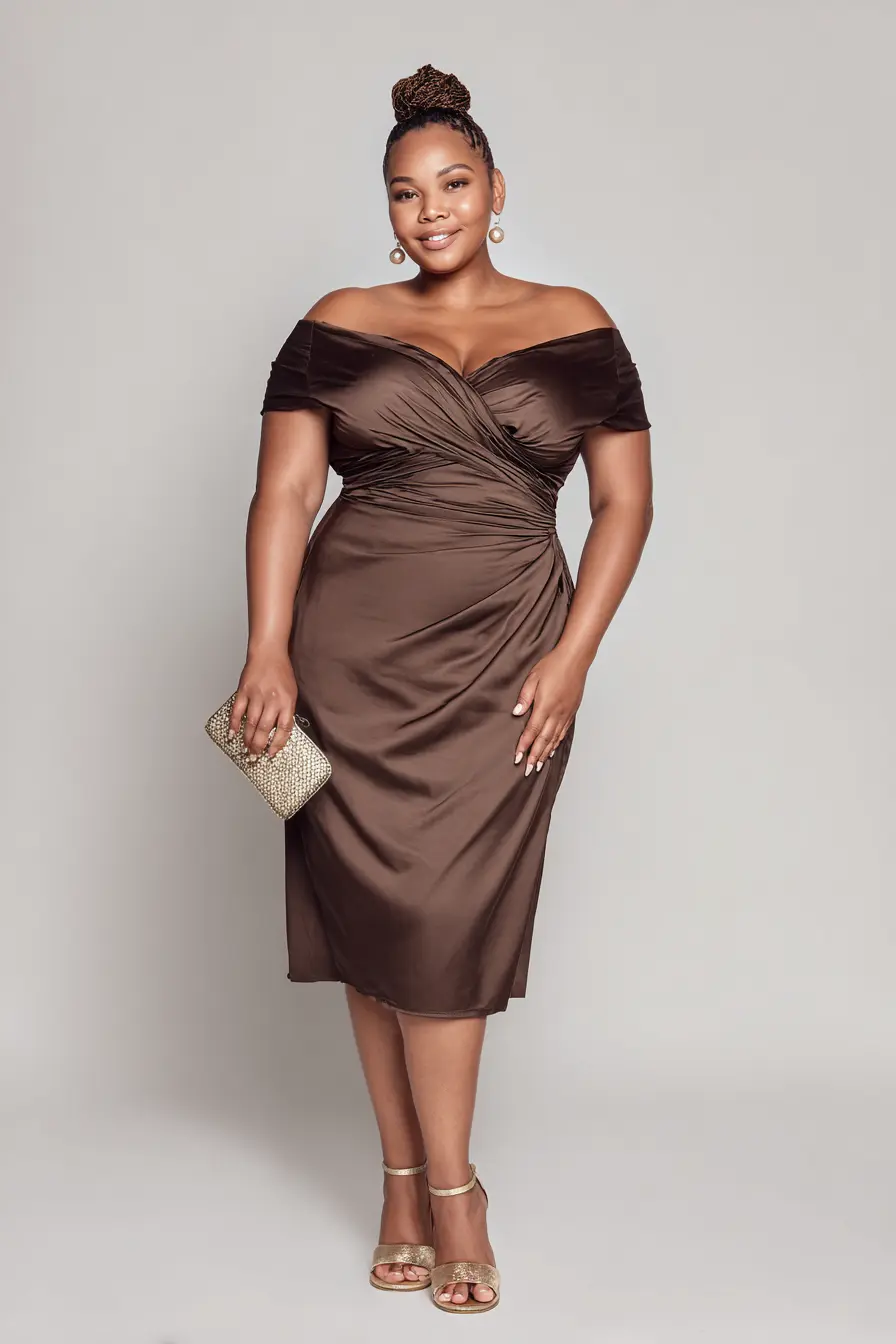 Off-Shoulder Satin Dress + Ruched Waist