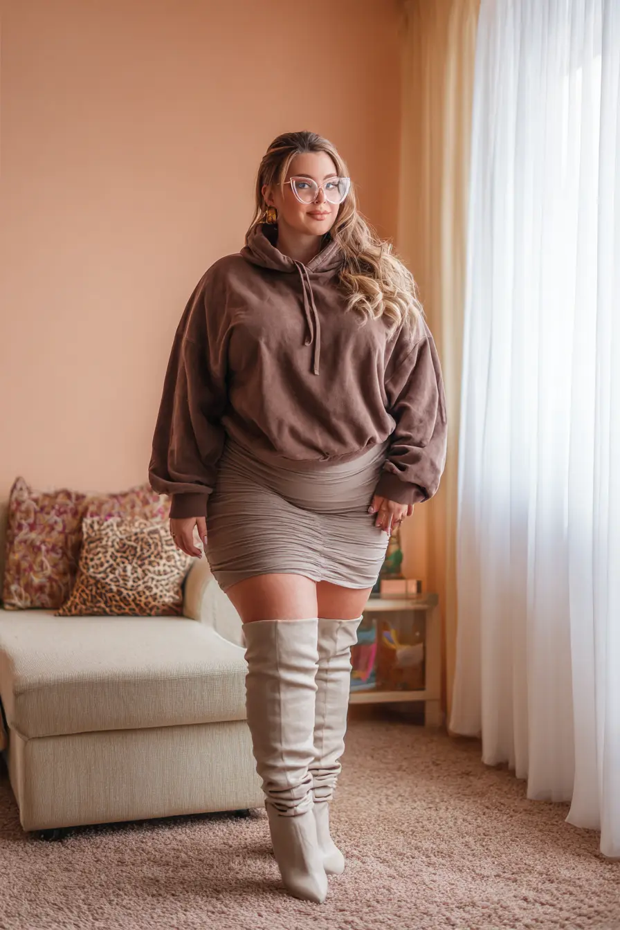Oversized Hoodie + Ruched Mini Skirt