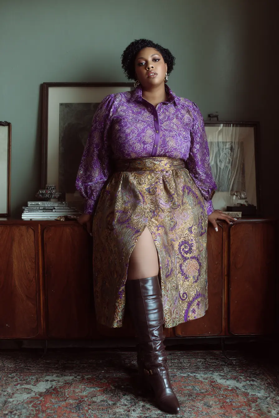 Patterned Blouse + Brocade Midi Skirt