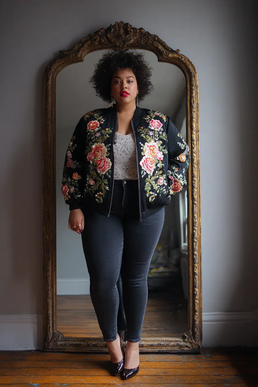 Embroidered Bomber Jacket + Skinny Jeans