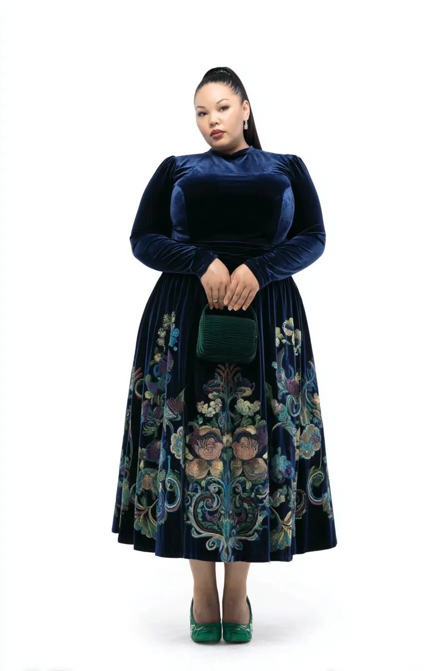 Embroidered Velvet Midi Dress + Jewel Tones