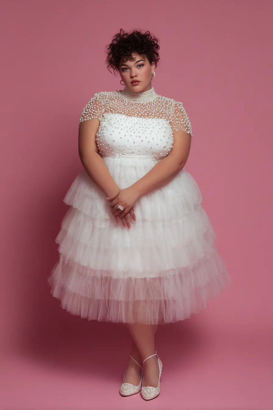 Pearl-Embellished Illusion Top + Tiered Tulle Skirt