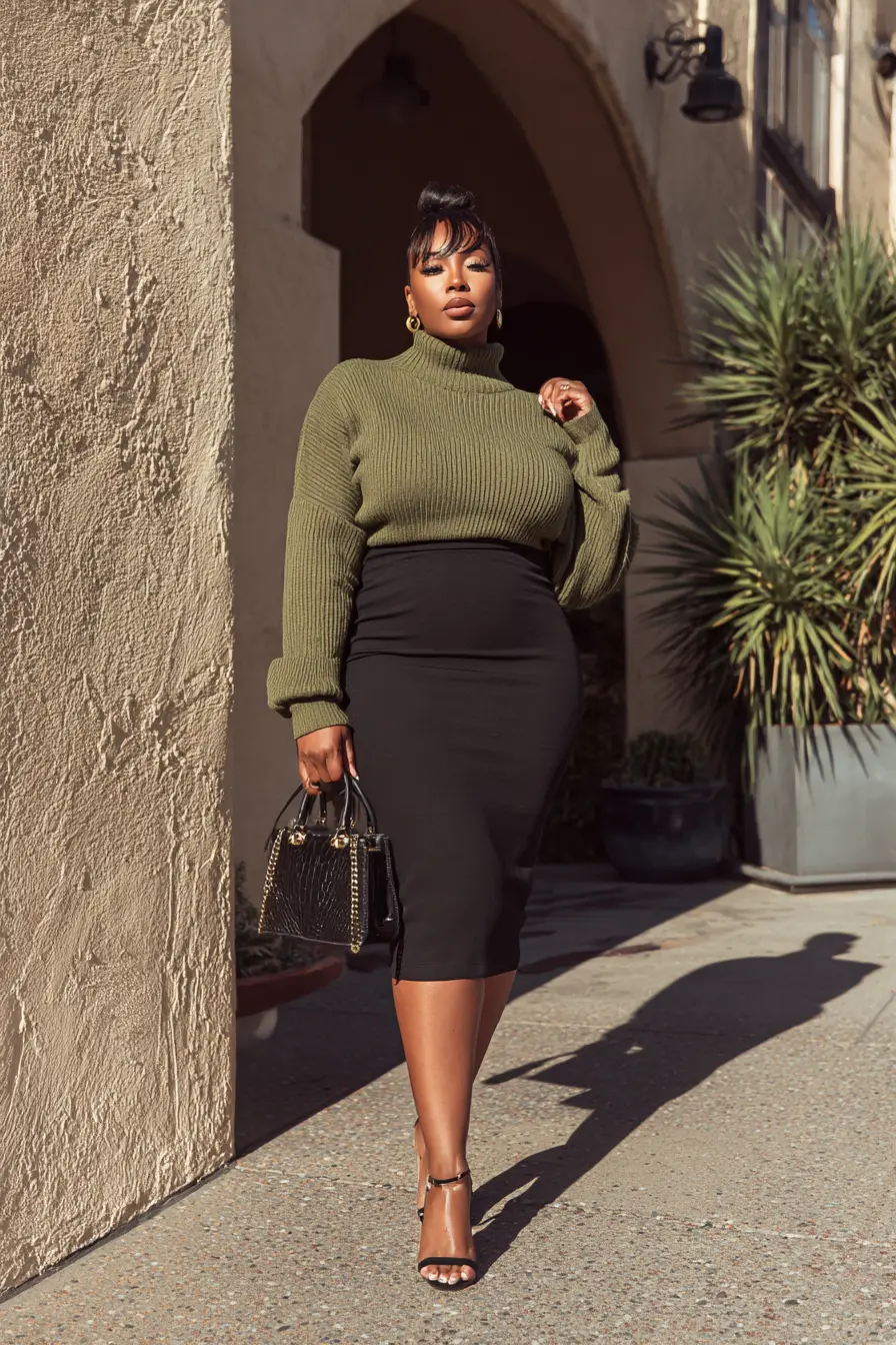 Ribbed Turtleneck + Bodycon Skirt