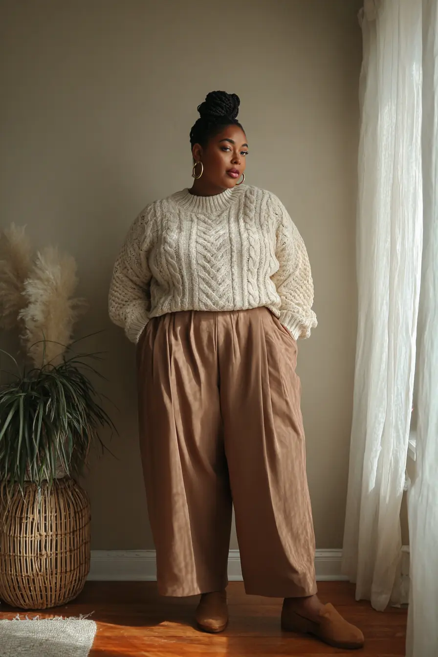 Chunky Cable Knit + Wide-Leg Trousers