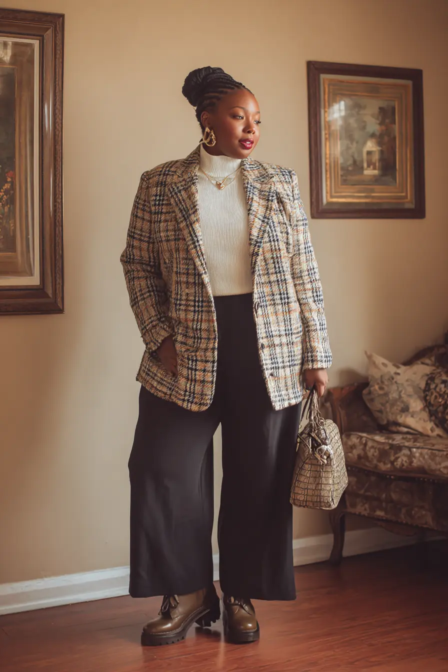 Plaid Blazer + Wide-Leg Pants