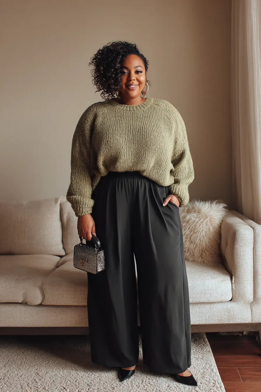 Chunky Knit Sweater + Fluid Wide-Leg Pants