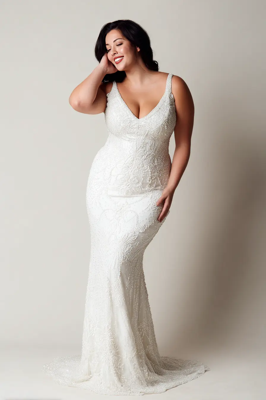 Beaded Mermaid Gown + Plunging Neckline
