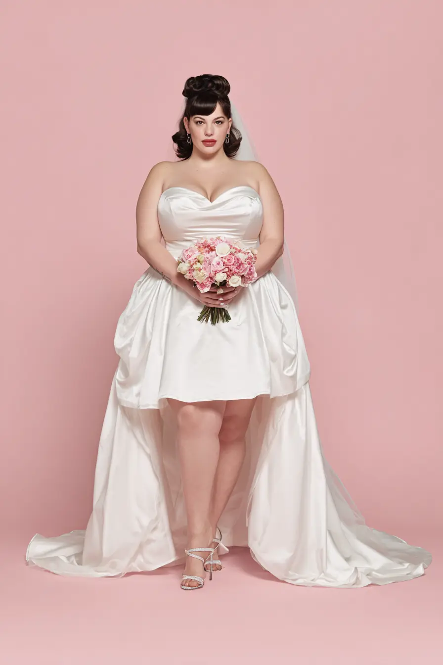 Strapless Satin Mini + Bustled Train