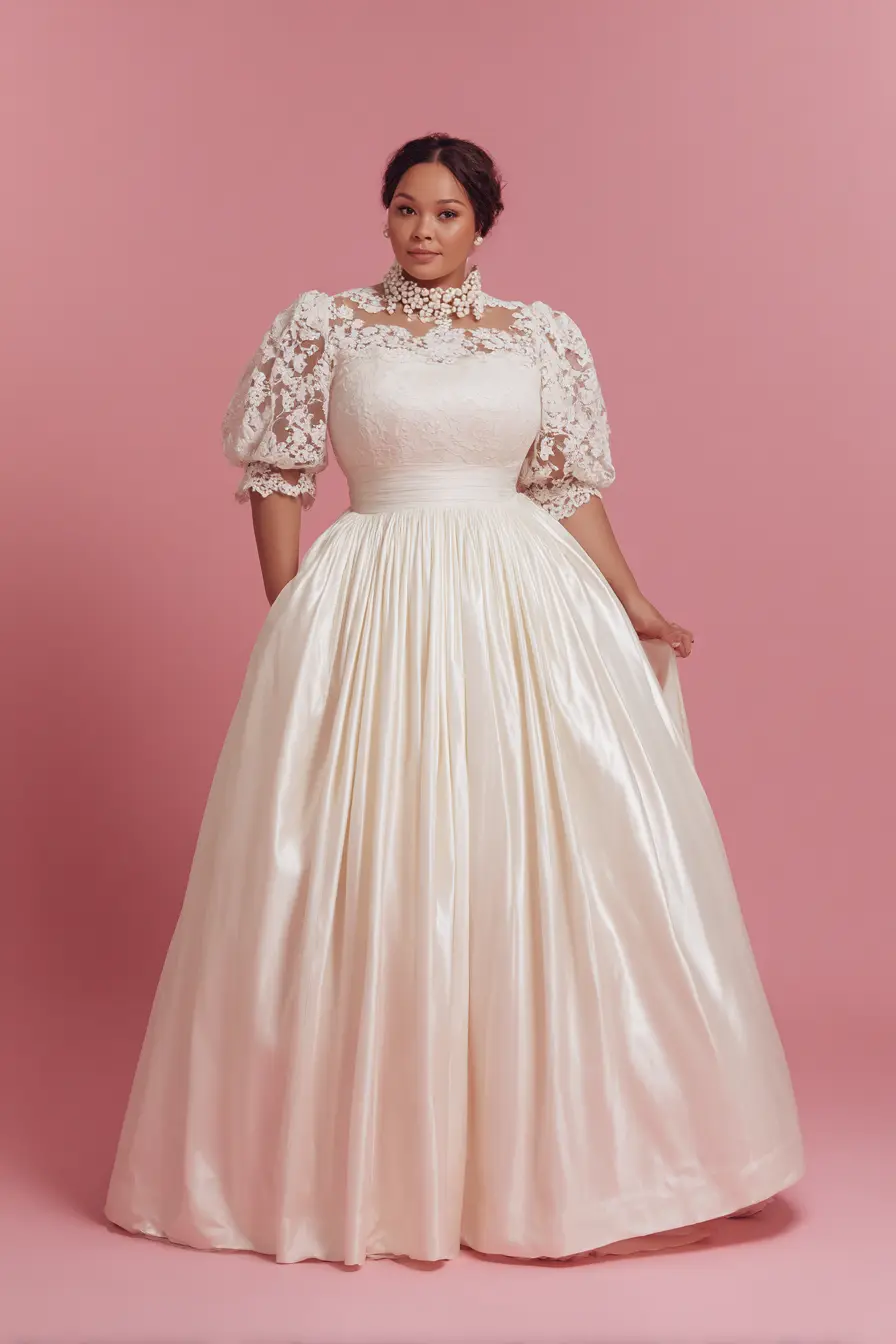 Lace Puff-Sleeve Gown + Structured Satin Skirt
