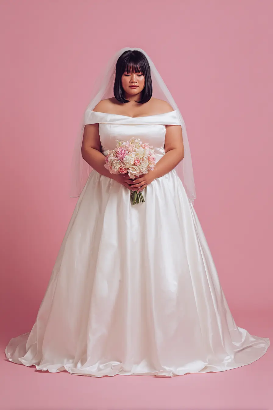 Off-Shoulder Satin Ball Gown + Structured Skirt