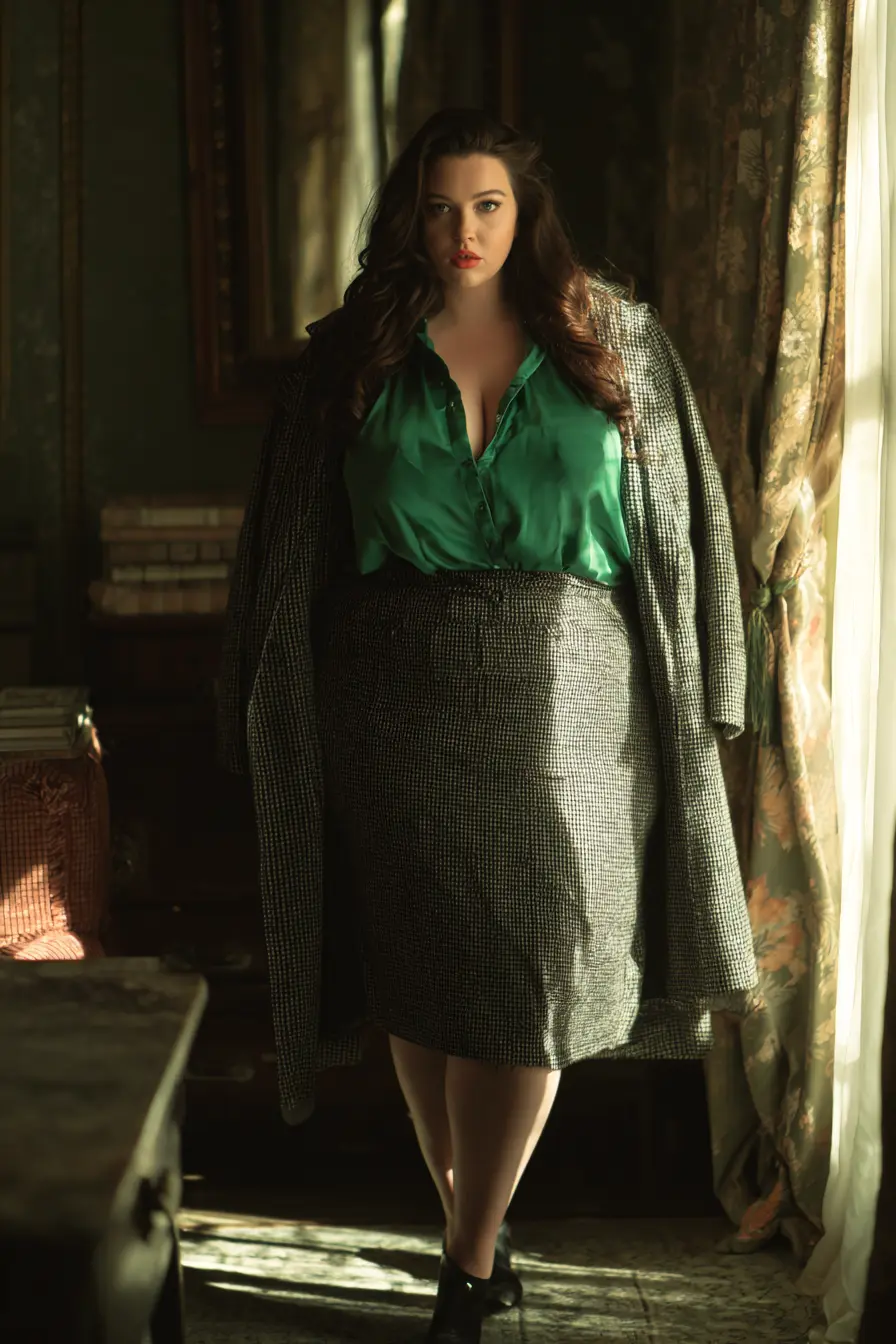 Emerald Blouse + Tweed Pencil Skirt